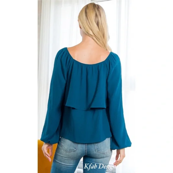 ❤️LAST 1! TEAL SWEATHEART NECKLINE TIERED RUFFLE PUFF SLEEVE TOP! - Picture 6 of 8